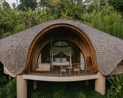 pablo luna studio crafts fluid bamboo 'belalu dome villa' in tropical bali