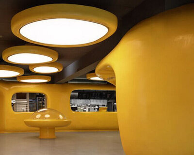 crosby studios composes bright yellow alien habitat for dessert shop in jakarta