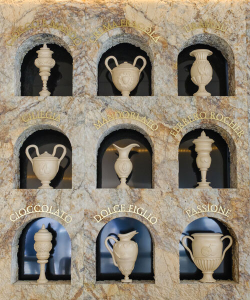 dessert-shaped sculptures in marble and wood ornament ice cream shop in argentina