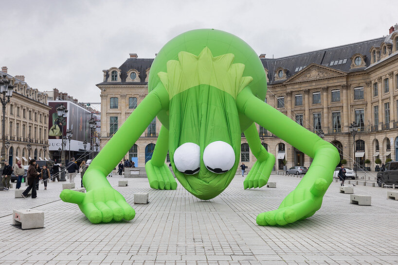 alex da corte's giant kermit the frog lands in place vendôme during art basel paris