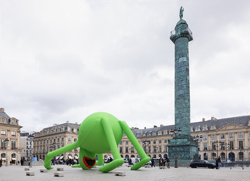 alex da corte's giant kermit the frog lands in place vendôme during art basel paris
