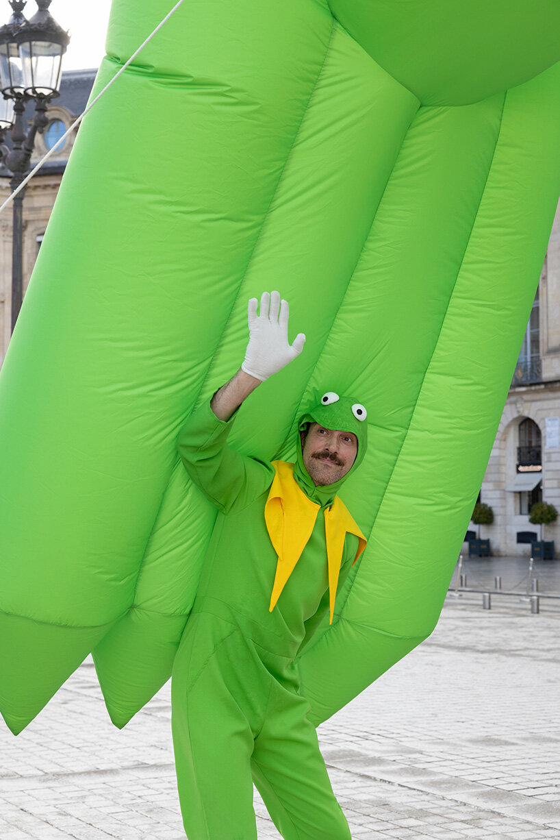 alex da corte's giant kermit the frog lands in place vendôme during art basel paris