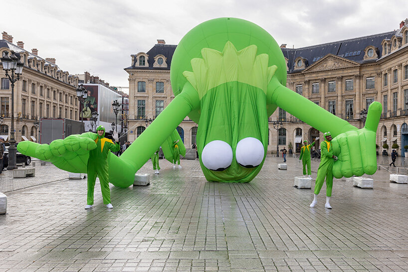 alex da corte's giant kermit the frog lands in place vendôme during art basel paris