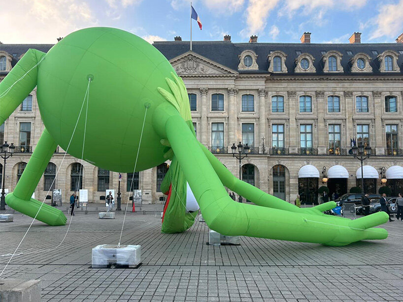 alex da corte's giant kermit the frog lands in place vendôme during art basel paris