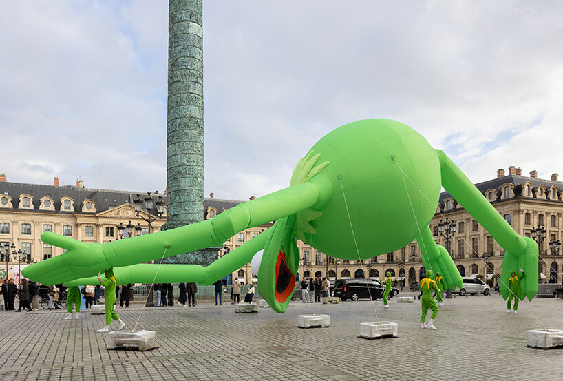 alex da corte's giant kermit the frog lands in place vendôme during art basel paris