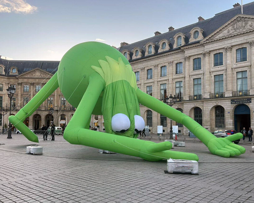alex da corte's giant kermit the frog lands in place vendôme during art basel paris