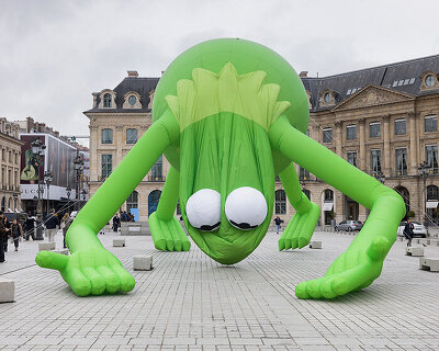 alex da corte's giant kermit the frog lands in place vendôme during art basel paris