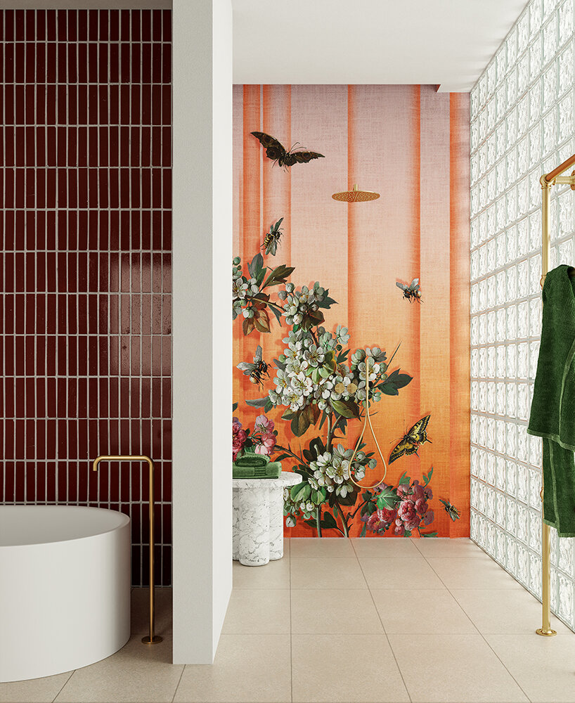 Colección de papeles pintados El flamenco baila con las paredes a través de formas, colores y texturas complejas.