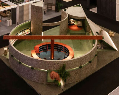 circular timber pavilion with voids and slits displays variety of veneer textures and finishes