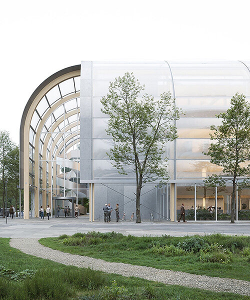 an ETFE facade wraps luca poian forms' luminous library proposal for montenegro