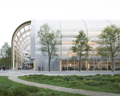 an ETFE facade wraps luca poian forms' luminous library proposal for montenegro