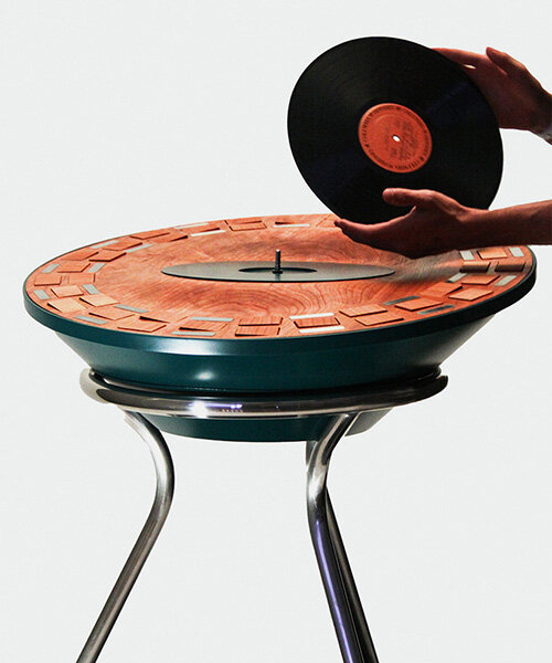 'orbit' kinetic turntable translates sound into motion through flipping wooden tiles