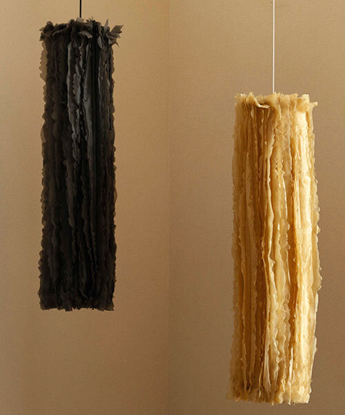 bacterial cellulose transforms into translucent ruffled lighting sculptures