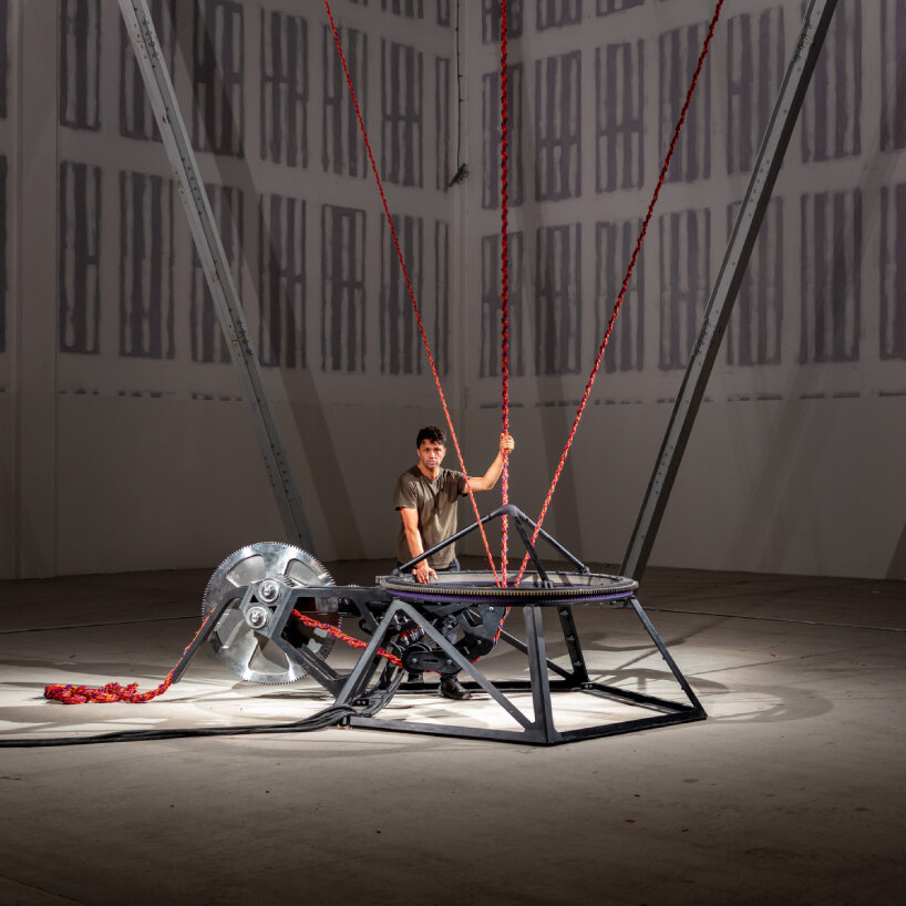 portrait of Conrad Shawcross with The Nervous System (Umbilical) (2025) at Here East in London