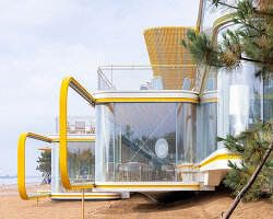 selgascano composes transparent seaside café from three parallel glass volumes in china