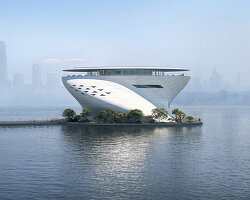 tadao ando plans floating dubai museum of art with twisting concrete silhouette