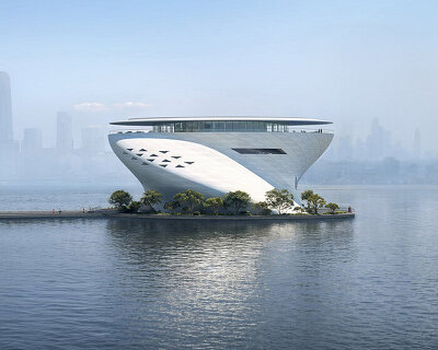 tadao ando plans floating dubai museum of art with twisting concrete silhouette
