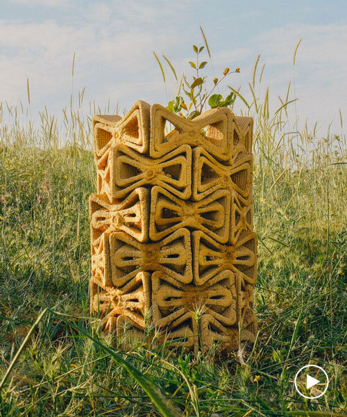 3D printed interlocking bricks compose earthen microclimate shelter for tree saplings