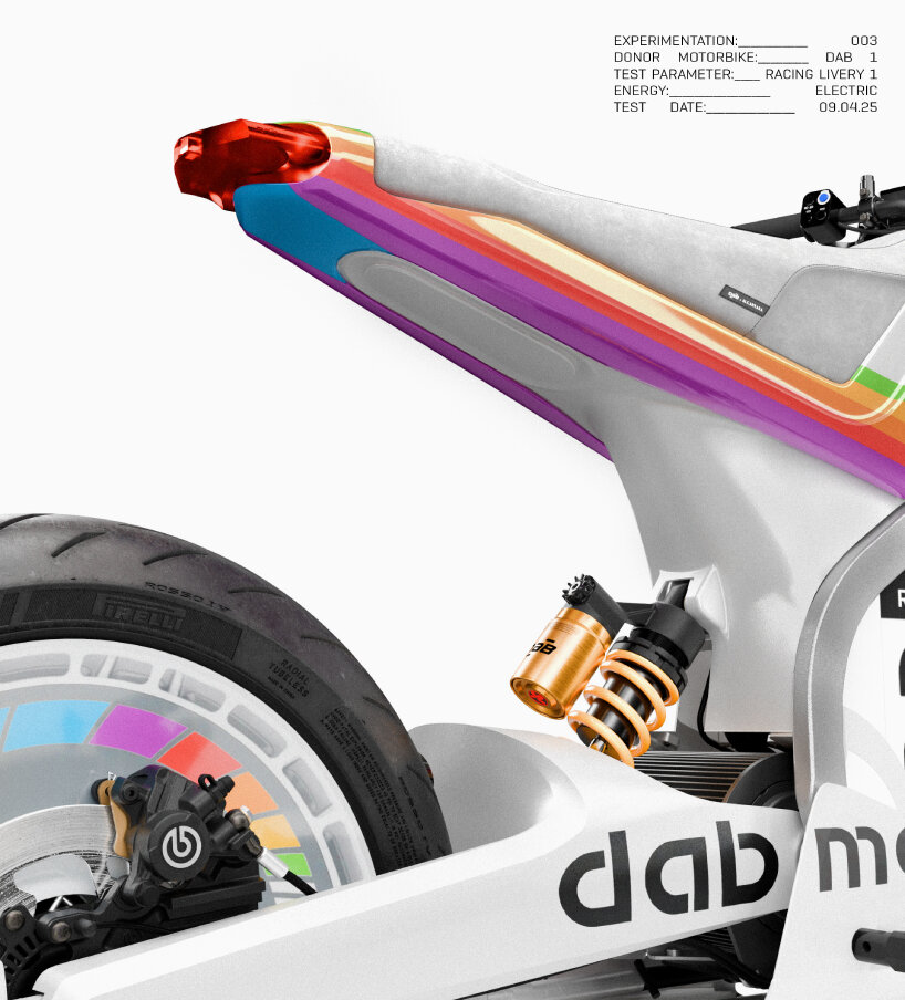 the design takes inspiration from a rainbow-striped race car from the 1990s