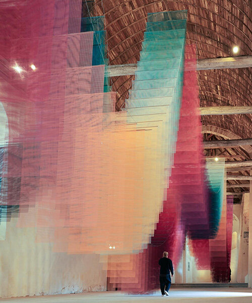 451 sheets of mesh compose floating chromatic field by tomislav topić inside french chapel