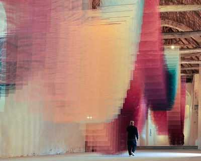 451 sheets of mesh compose floating chromatic field by tomislav topić inside french chapel