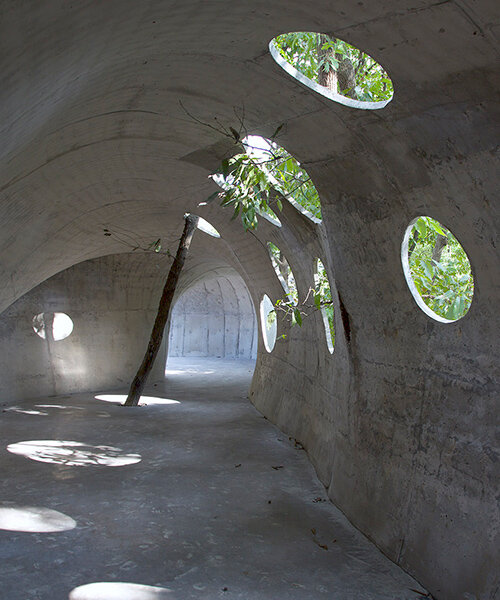 kong xiangwei's art museum is a rolled concrete shell-structure in the woods