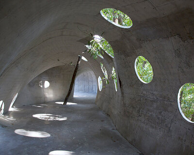kong xiangwei's art museum is a rolled concrete shell-structure in the woods