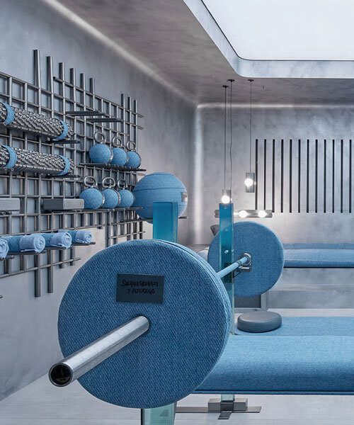 denim wraps workout equipment within sutura sculptural gym in mexico