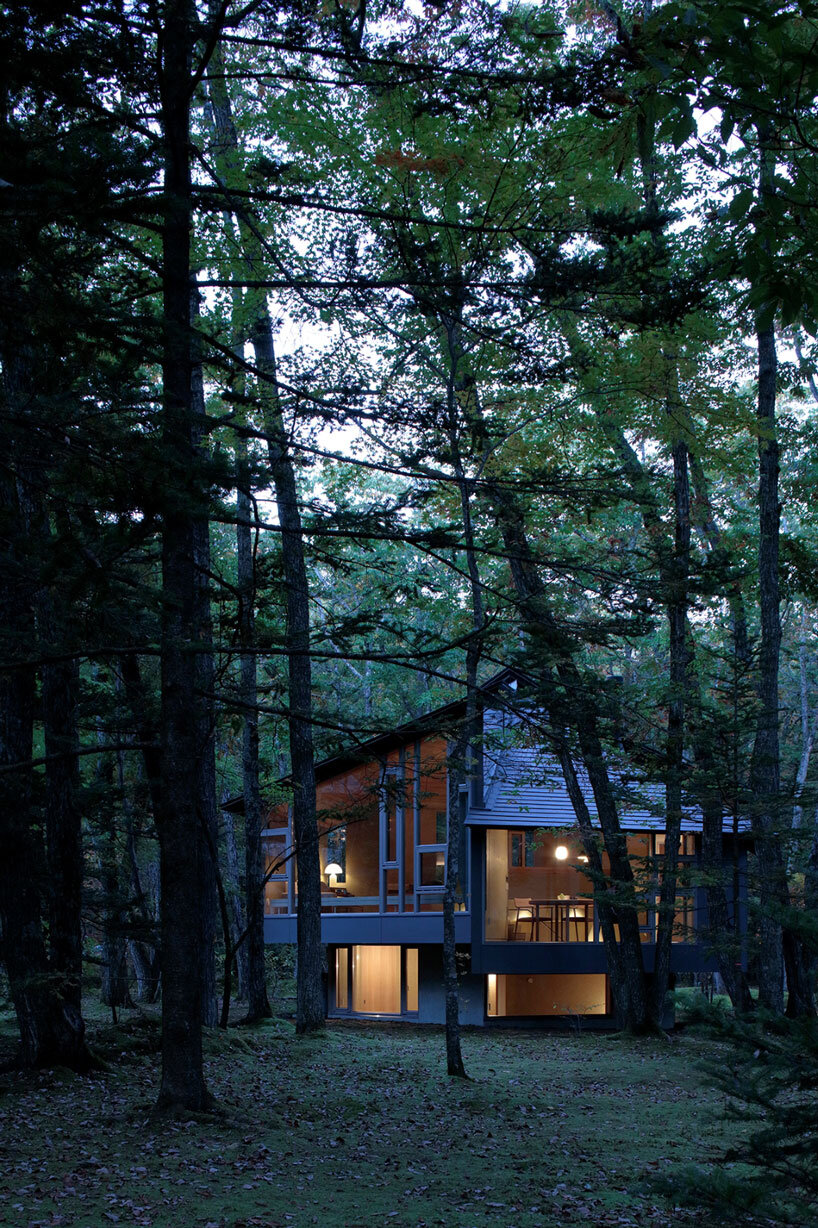 hexagonal wooden canopy crowns villa within moss garden in japan