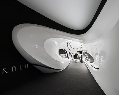 fluid black and white interiors connect curved mall corridors in tehran
