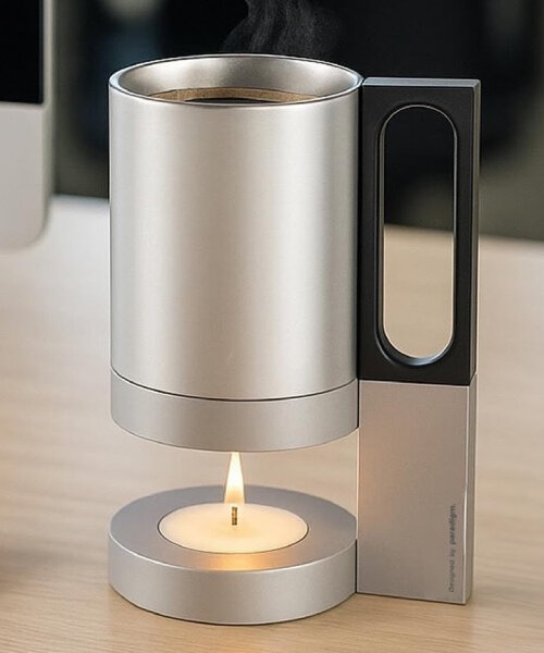 office mug with burning tealight candle keeps your drinks at work warm all day