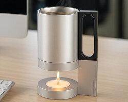 office mug with burning tealight candle keeps your drinks at work warm all day