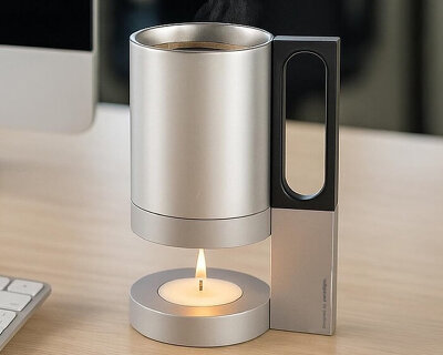 office mug with burning tealight candle keeps your drinks at work warm all day