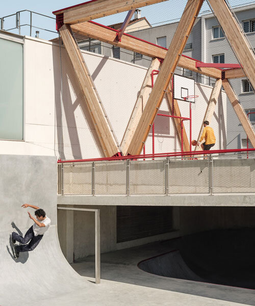 cantilever sports court crowns urban skatepark bowl along railway in france