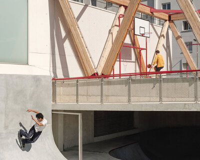 cantilever sports court crowns urban skatepark bowl along railway in france