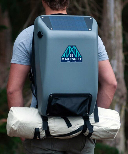 solar-powered backpack with sleeping bag and pillow provides shelter for the homeless