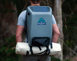 solar-powered backpack with sleeping bag and pillow provides shelter for the homeless