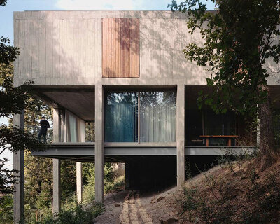concrete columns lift residence above forested terrain in georgia