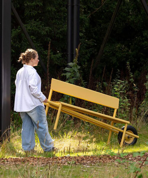 portable aluminum bench comes with wheelbarrow wheels for easy transportation