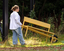 portable aluminum bench comes with wheelbarrow wheels for easy transportation