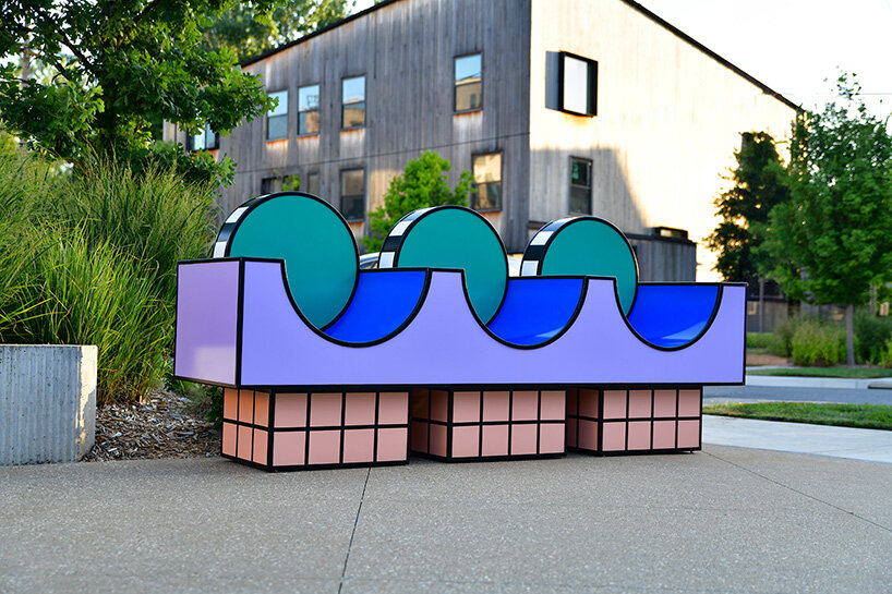 camille walala scatters sculptural benches animated by color and pattern in arkansas
