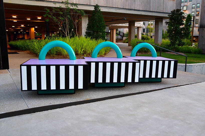 camille walala scatters sculptural benches animated by color and pattern in arkansas