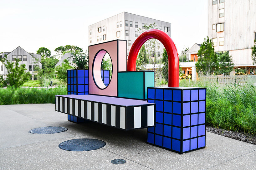 camille walala scatters sculptural benches animated by color and pattern in arkansas
