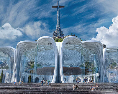 thin stone carves sculptural cathedral emerging from spanish mountains