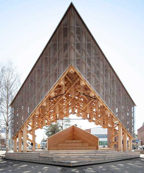 crystalline timber canopy inspired by snow fractals becomes a gathering space in finland
