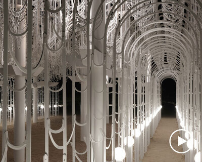 cloud-like white canopy of hanging vines emerges from abu dhabi’s arid landscape