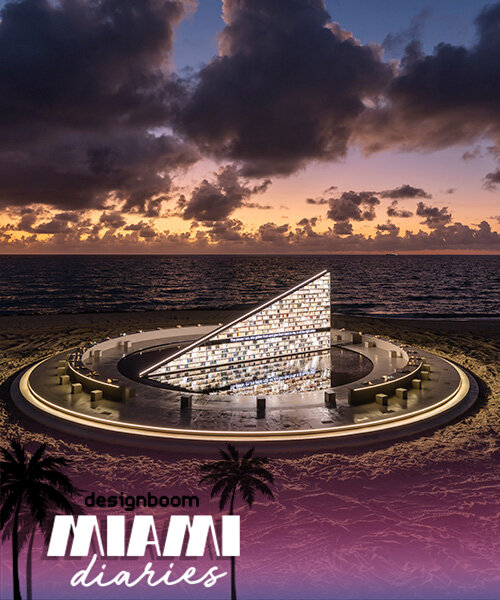 es devlin's triangular bookshelf rotates within a mirrored pool for miami art week 2025