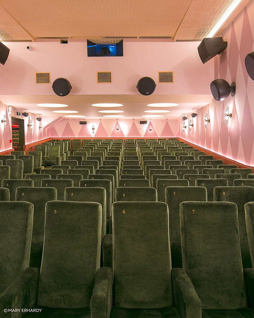 historic parisian cinema is reborn in wes anderson-like pastel hues and velvet touches