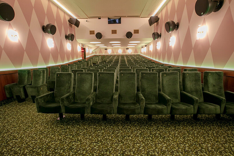 historic parisian cinema is reborn in wes anderson-like pastel hues and velvet touches