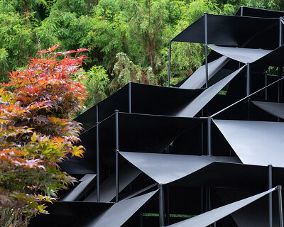 atelier deshaus tops laoyuting pavilion with fragmented modular roof in chinese wetlands